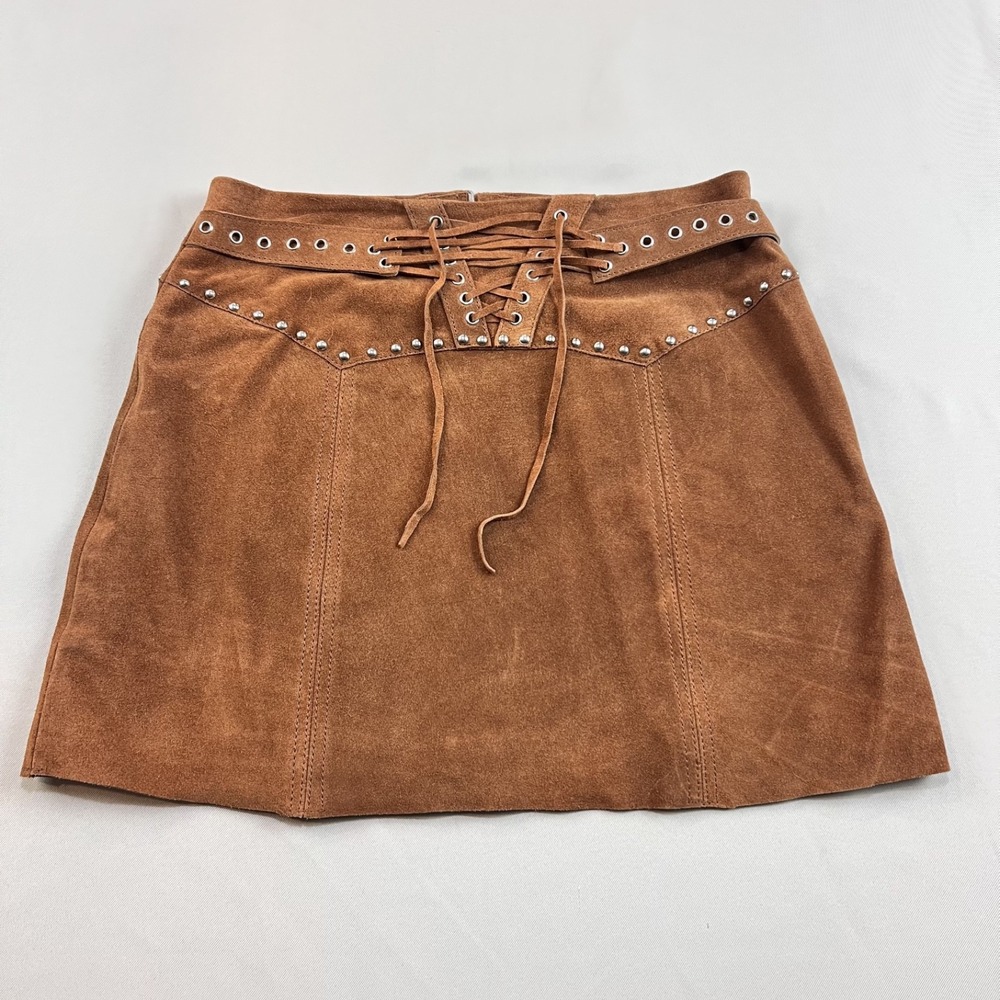 Muubaa 100% Suede Leather Mini Skirt Tan Western Boho Lace‎ Up Stud Detail Sz 10 - Picture 2 of 13